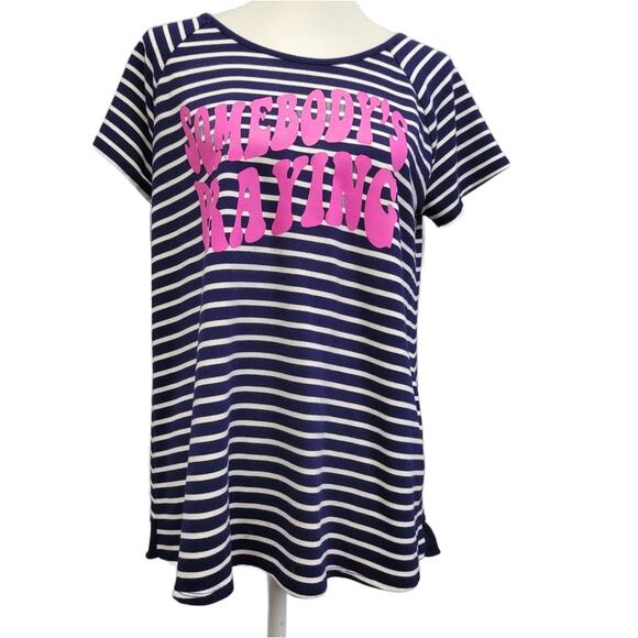 Hand Printed Upcycled Womens Large Somebody's Praying Short Sleeve Blouse Tee - Picture 1 of 5